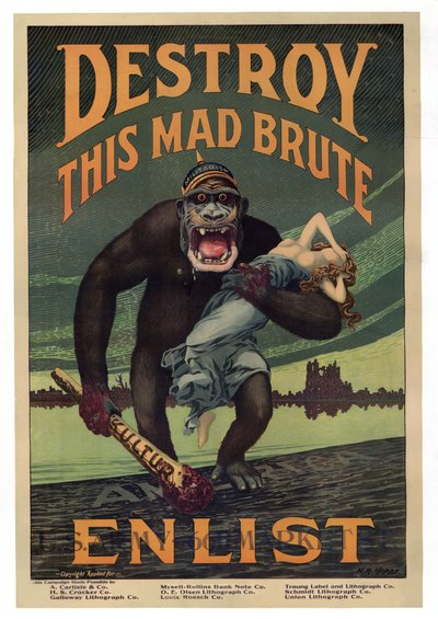 Campaña de reclutamiento "Destruye a este bruto loco - Alístate", pub. 1917 de Harry R. Hopps