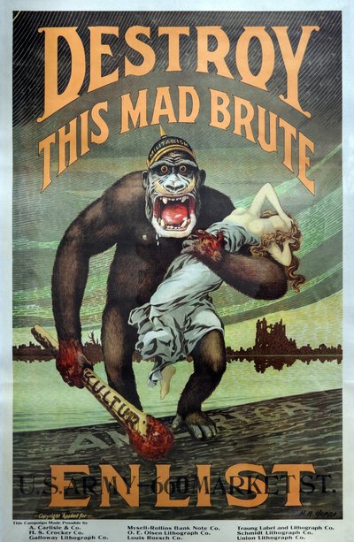 Campaña de Reclutamiento Militar de EE.UU. en la Primera Guerra Mundial "Destruye a este Bruto Loco - Alístate" pub. 1917 de Harry R. Hopps