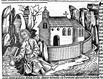 Un peregrino se detiene en un monasterio durante su viaje después de "Crónica de Núremberg" de Hartmann Schedel de Hartmann Schedel