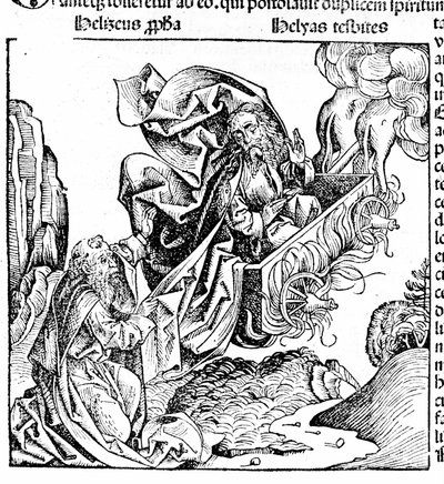 Elías asciende en un carro de fuego, dejando su herencia a Eliseo. Hartmann Schedel: Crónica de Núremberg. Núremberg 1497 de Hartmann Schedel