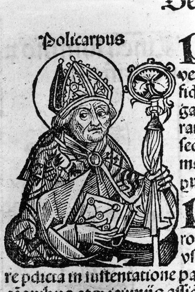 Retrato de San Policarpo de Esmirna (ca. 69-155), obispo. Grabado de las Crónicas de Núremberg por Schedel Hartmann (1440-1514) de Hartmann Schedel