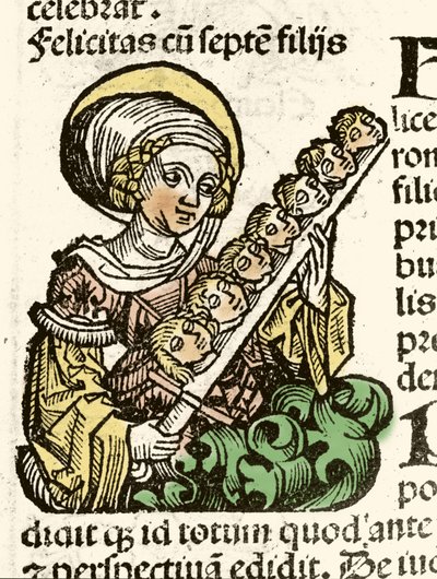 Representación de Santa Felicidad, martirio en Roma con las cabezas de sus siete hijos. xilografía de Hartmann Schedel “Crónicas de Núremberg” 1493. de Hartmann Schedel