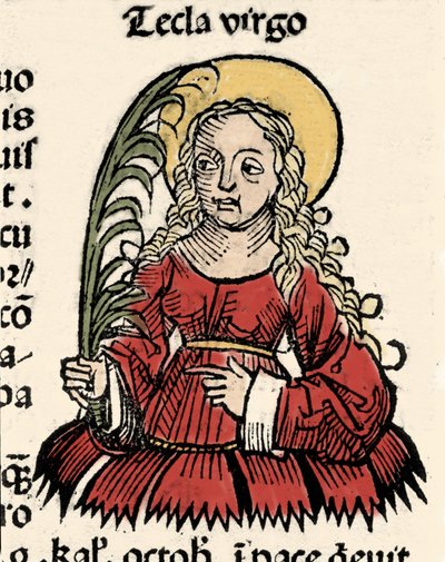 Representación de la Virgen y el Martirio de Tecla de Iconio (Santa Tecla) xilografía de “Crónicas de Núremberg” de Hartmann Schedel de Hartmann Schedel