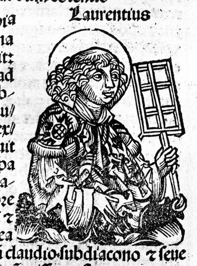 San Lorenzo sosteniendo en su mano la parrilla, instrumento de su martirio. Grabado del “Liber Chronicarum” de Hartmann Schedel. de Hartmann Schedel