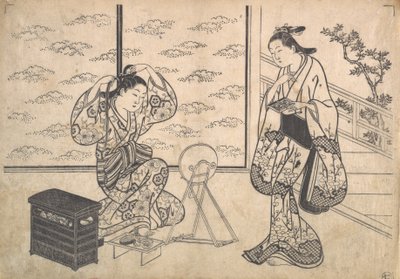 Dos mujeres en una habitación abriendo a una veranda de Hasegawa Mitsunobu