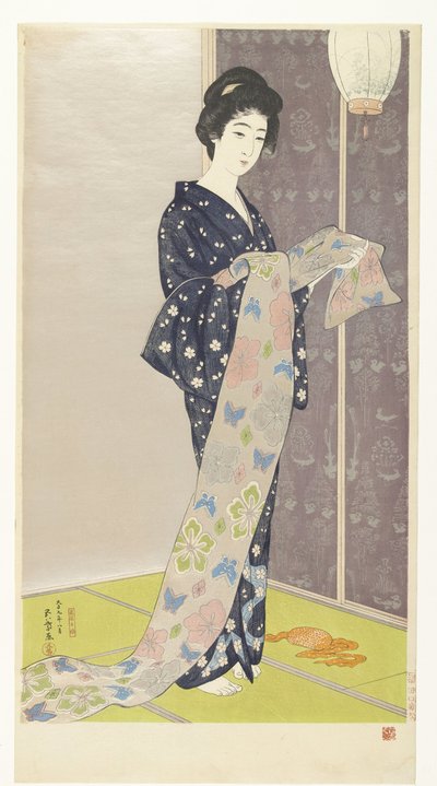 Mujer joven en un kimono de verano Natsu yosoi no musume (título sobre objeto) de Hashiguchi Goyô