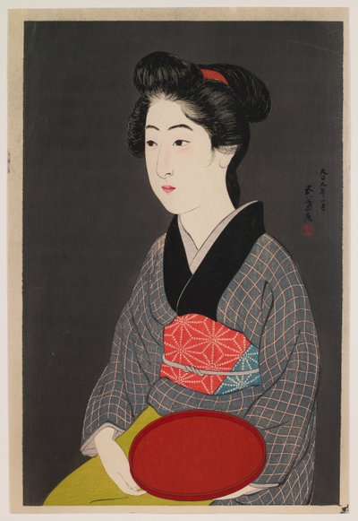 Camarera sosteniendo una bandeja (Retrato de Onao, una criada en el Matsuyoshi Inn, Kioto) de Hashiguchi Goyô