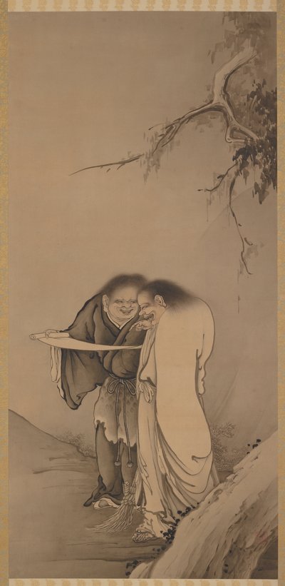 Los inmortales taoístas chinos, Han-shan y Shih-te Kanzan y Jittoku, era Meiji, 1886 de Hashimoto Gaho