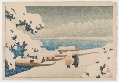 Nieve en Hashidate (Yuki no hashidate), de la serie Recuerdos de viaje II (Tabi miyage dai nishū) de Hasui Kawase