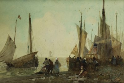 Descargando barcos de pesca en el muelle, Bretaña de Hector Caffieri