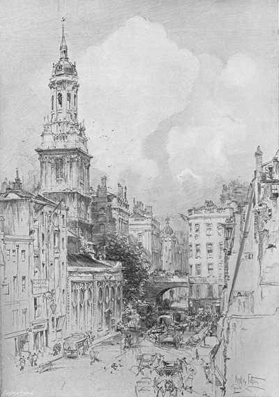 San Magnus el Mártir mostrando el arco seco del Puente de Londres y los restos de la Taberna Mermaid de Hedley Fitton