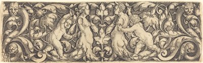 Panel cruzado con vid en el centro y pareja de tritones, 1537 de Heinrich Aldegrever