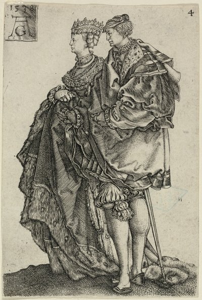 Pareja Bailando, lámina cuatro de Los Grandes Bailarines de Bodas de Heinrich Aldegrever