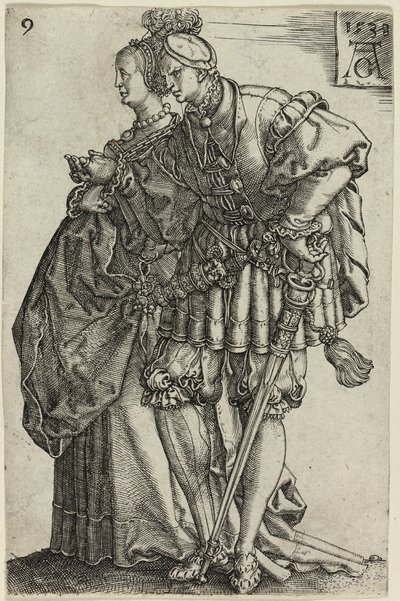 Pareja Bailando, lámina nueve de Los Grandes Bailarines de Boda de Heinrich Aldegrever