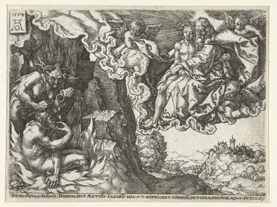El rico en el infierno ve a Abraham con Lázaro Parábola de Lázaro y el hombre rico (título de la serie) de Heinrich Aldegrever