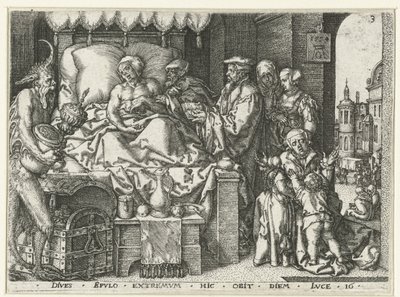 El rico en su lecho de muerte Parábola de Lázaro y el hombre rico (título de la serie) de Heinrich Aldegrever
