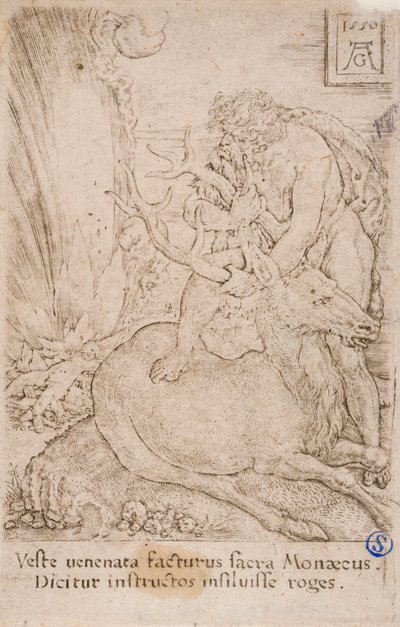 Heracles capturando a la cierva cerynea, de la serie:  Los Trabajos de Hércules (13) de Heinrich Aldegrever