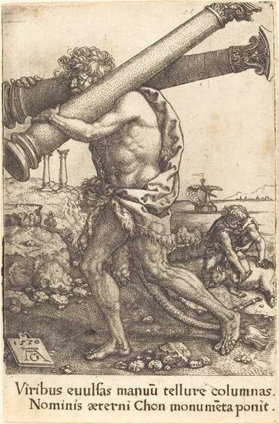 Hércules llevando las dos columnas de Gaza, 1550 de Heinrich Aldegrever