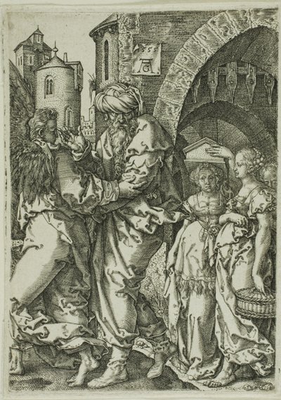 Lot y su Familia Huyendo de Sodoma, de La Historia de Lot de Heinrich Aldegrever