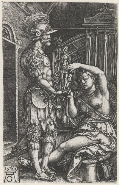 Medea le da una imagen a Jason de Heinrich Aldegrever