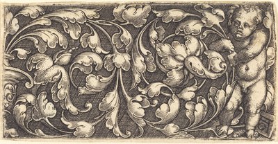 Infante Desnudo Sosteniendo un Doble Pergamino de Ornamento de Hojas de Heinrich Aldegrever