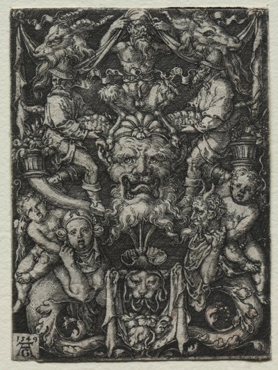 Diseño de ornamento con una máscara, una pareja de tritones y dos niños abajo, 1549 de Heinrich Aldegrever