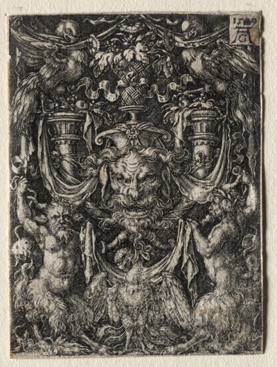 Diseño de ornamento con una máscara y un águila entre dos faunos abajo de Heinrich Aldegrever