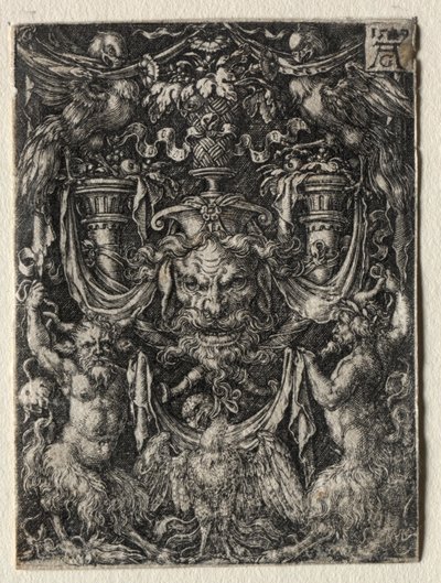 Diseño de ornamento con una máscara y un águila entre dos faunos abajo, 1509 de Heinrich Aldegrever