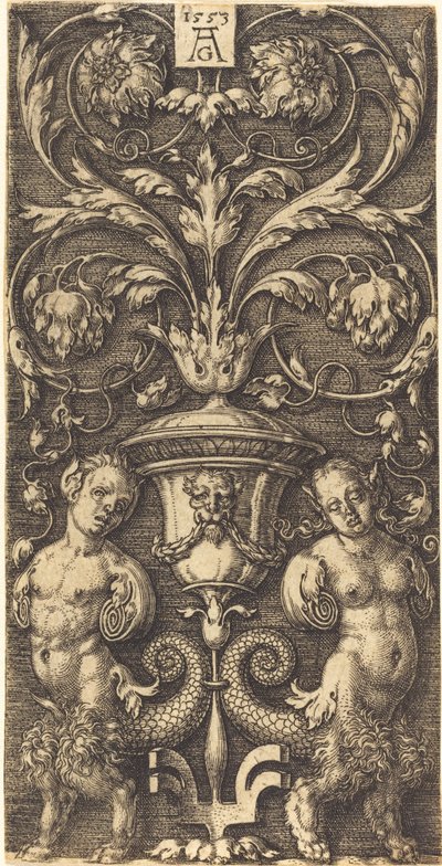 Ornamento con Jarrón y Dos Figuras Femeninas, 1553 de Heinrich Aldegrever