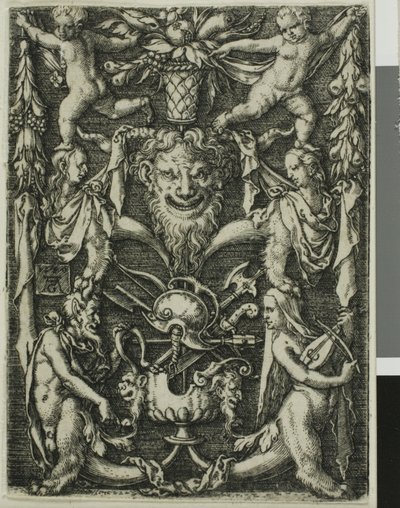 Diseño ornamental con un par de sátiros, niños y un trofeo de Heinrich Aldegrever