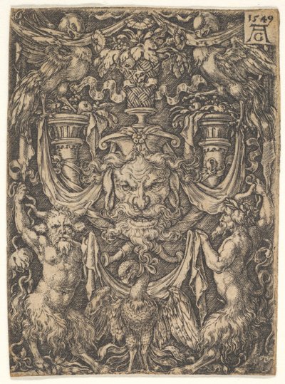 Diseño ornamental con una máscara y un águila entre dos faunos abajo de Heinrich Aldegrever