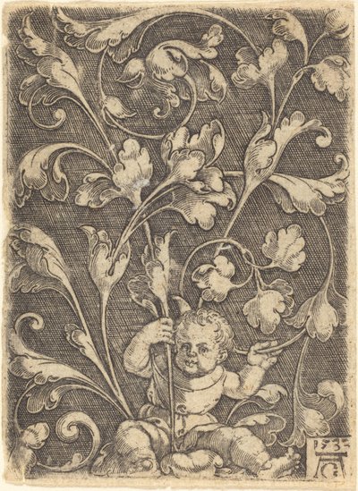 Ornamento de pergamino con niño sentado de Heinrich Aldegrever