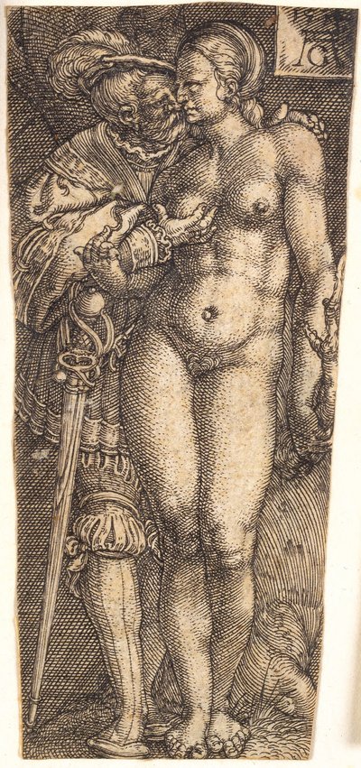 Diseño de vaina con soldado y mujer desnuda de Heinrich Aldegrever