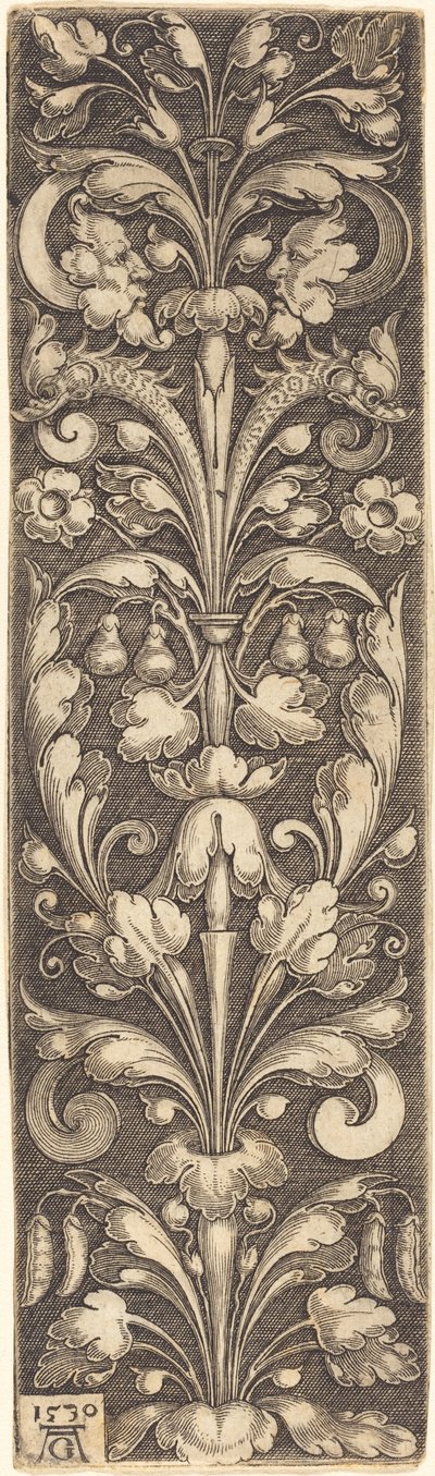 Rama de Follaje Ornamental con Dos Máscaras y Dos Delfines de Heinrich Aldegrever