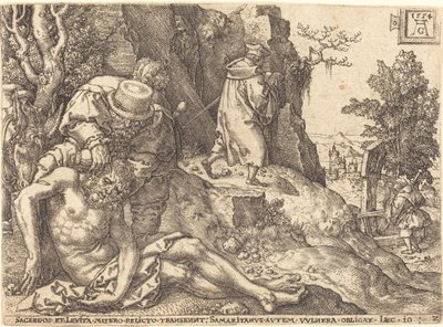 El Buen Samaritano atendiendo al viajero de Heinrich Aldegrever