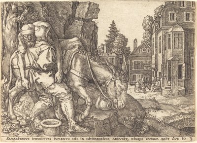 El Buen Samaritano Colocando al Viajero en una Mula de Heinrich Aldegrever