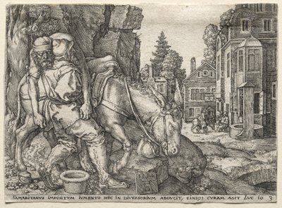 La parábola del buen samaritano: El buen samaritano subiendo al viajero a su burro de Heinrich Aldegrever