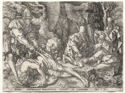 La parábola del buen samaritano: Los ladrones atacando a los viajeros de Heinrich Aldegrever