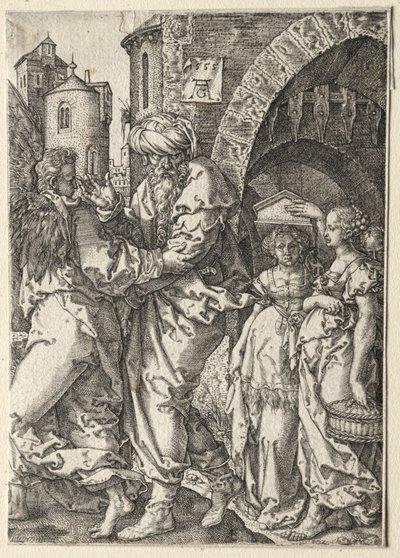 La historia de Lot: Lot y su familia huyendo de Sodoma de Heinrich Aldegrever