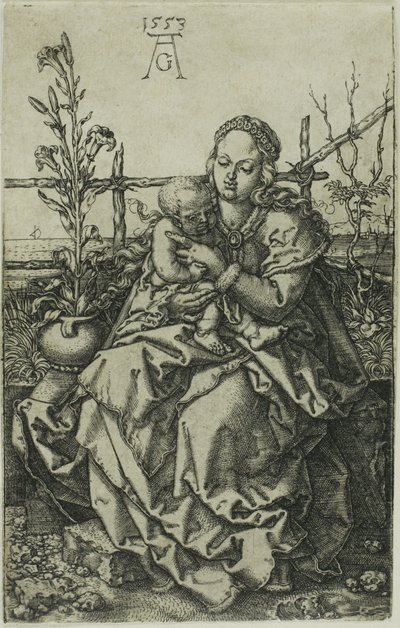 La Virgen y el Niño sentados en un banco de hierba de Heinrich Aldegrever