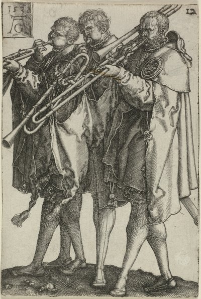Tres trombonistas, lámina doce de Los grandes bailarines de bodas de Heinrich Aldegrever