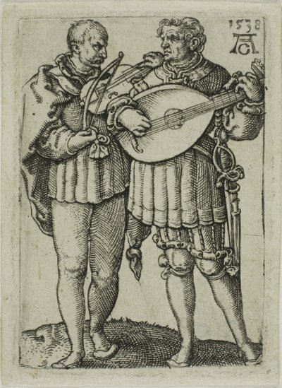 Dos músicos tocando el violín y el laúd, placa uno de los Pequeños bailarines de boda de Heinrich Aldegrever