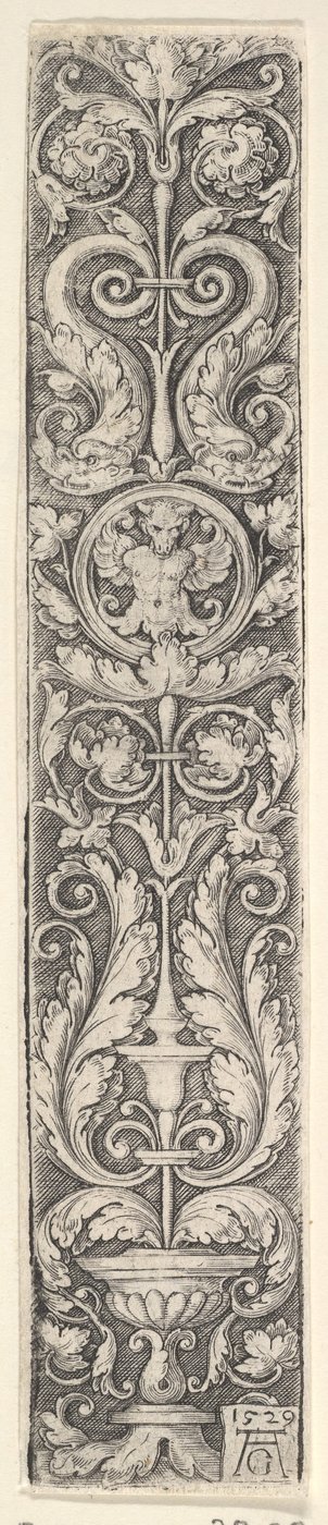 Panel vertical con un candelabro que contiene un medallón con un centauro y un par de delfines de Heinrich Aldegrever