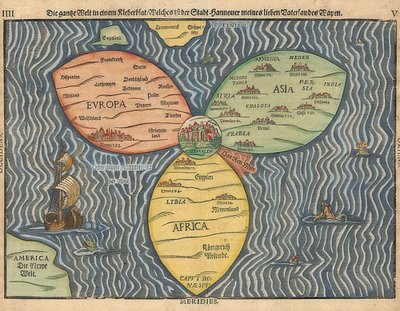 Tres continentes del mundo como trébol, con Jerusalén en el centro. 1581 de Heinrich Bünting