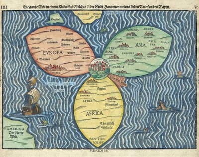 Los tres continentes con Jerusalén en el centro del mundo par Heinrich Buntig (Buentig)(1545-1606) de Heinrich Buntig