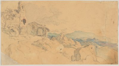 Paisaje de montaña con cabaña y ruinas. de Heinrich Burkel