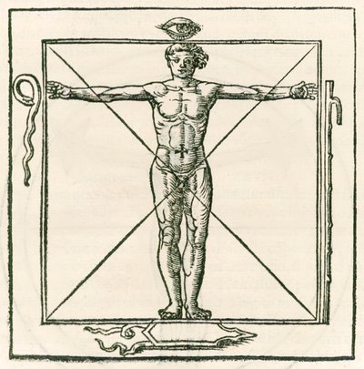 Hombre en un cuadrado rodeado de símbolos del ojo, serpiente, bastón de siete secciones y escudo. Grabado de Heinrich Cornelius Agrippa von Nettesheim (1486-1535) De occulta philosophia libri tres de Heinrich Cornelius Agrippa von Nettesheim