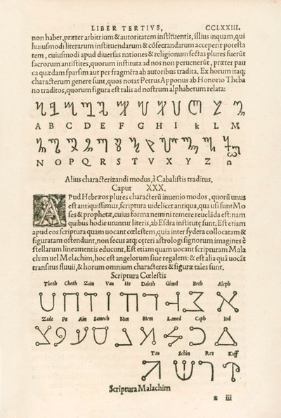 Alfabeto tebano (alfabeto honoriano o las runas de Honorio) y alfabeto celestial (Scriptura Malachim o escritura angélica) Grabado de Heinrich Cornelius Agrippa von Nettesheim (1486-1535) De occulta de Heinrich Cornelius Agrippa von Nettesheim