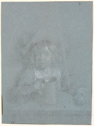 Un niño en una mesa con una manzana y una jarra en las manos de Heinrich Dittmers