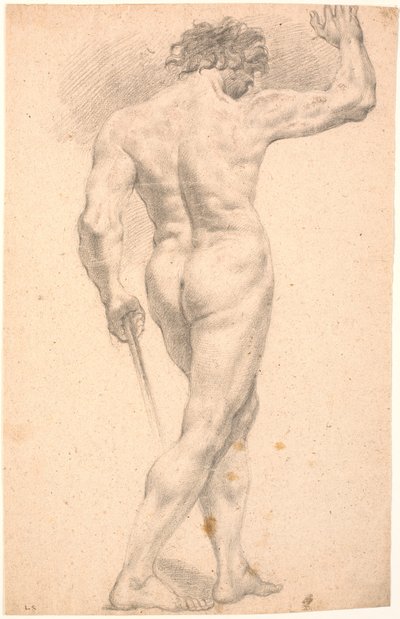 Modelo masculino de pie, visto desde la espalda, con la mano derecha levantada de Heinrich Dittmers